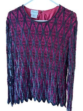 Stenay Womens Beaded Sequin Blouse Size XL Wine Red Black Silk Vintage Glam